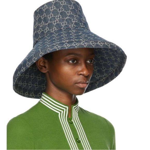 Gucci GG Monogram Bucket Hat Wide Large Brim Thick Denim Navy Allover Jacquard - Picture 7 of 15
